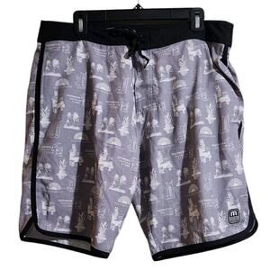 Travis Mathew Swim Trunks Men's 36 Gray Boardshorts Surfing Palm Tree Drawstring